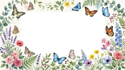 Fototapeta premium Elegant Floral Vector Frame with Butterflies and Flowers in Watercolor Style