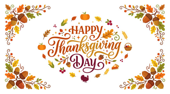 Happy Thanksgiving Day Text with Autumnal Elements and Ornaments
