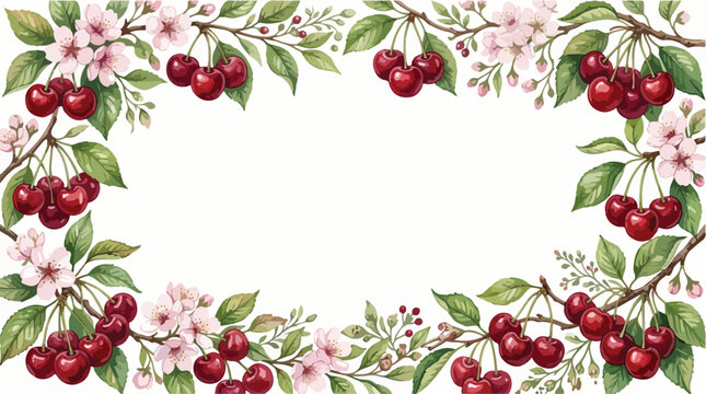 Decorative Vector Border Frame with Cherry Blossoms and Cherries in Vintage Style