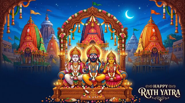 Happy rath yatra festival celebration with lord jagannath, balabhadra and subhadra