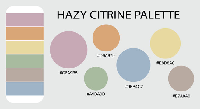 Hazy Citrine Palette vector color guide, pastel color swatches with hex codes, muted aesthetic color scheme for digital design and branding