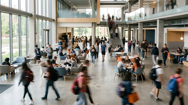 Modern University Campus Life Students Socializing and Studying