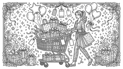 Obraz premium Woman pushing a shopping cart full of gift boxes in a festive holiday sale