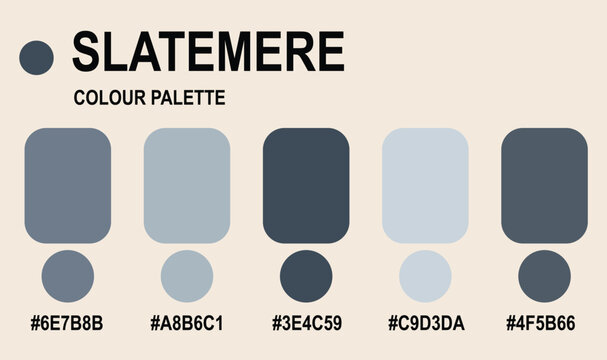 Slatemere colour palette vector, slate blue and grey color swatches with hex codes, minimalist graphic design guide