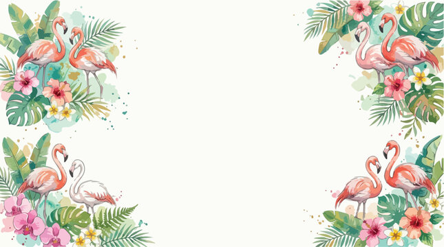 Vector Pattern Tropical Flamingos and Floral Elements in Watercolor Style for Summer Designs