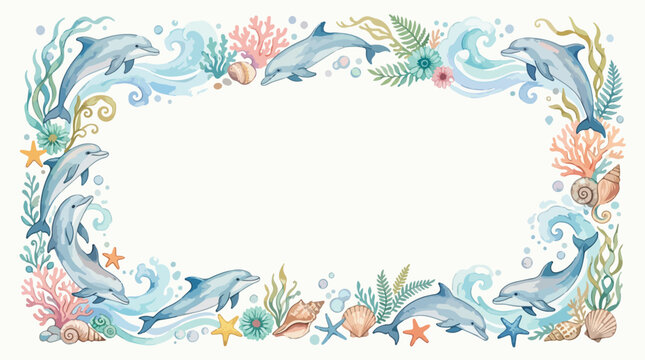 Decorative Vector Border with Dolphins and Sea Elements in Organic Style