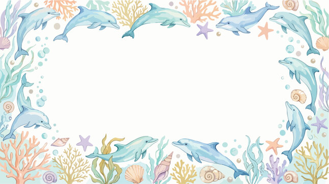 Decorative Vector Border with Dolphins and Coral in Soft Pastel Colors in Modern Organic Style