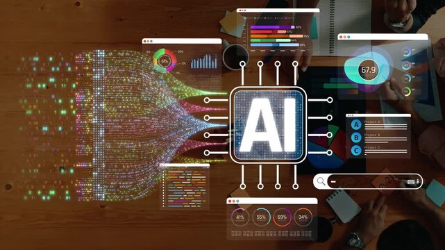 Modern technology concept showcasing artificial intelligence integration in data analysis with graphs and digital interfaces on a wooden workspace Sigmoid