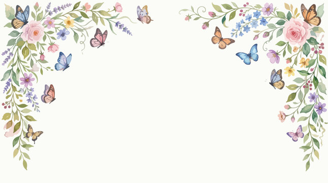 Decorative Floral Vector Pattern with Butterflies in Soft Pastel Colors in Organic Style