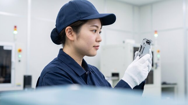 精密金属部品の品質管理を真剣に行う日本人女性製造技術者の横顔