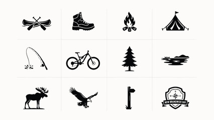 Obraz premium Minimalist black icons set featuring outdoor adventure and wildlife symbols in flat design style with grid twelve minimalist nature themed symbols