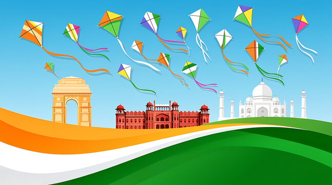 Kites flying high in clear blue.