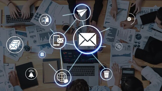 Email icons show digital communication, email service, and inbox management. Email supports online messaging, email notification, and secure exchange. Funnel