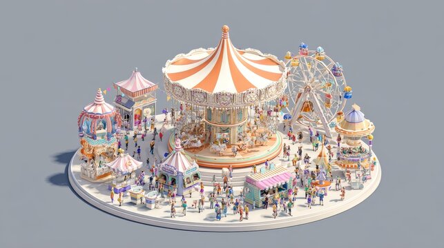 fantasy amusement park in 3d isometric style, complete with game booths, lighted rides and tiny people in festive setting, floating on circular platform