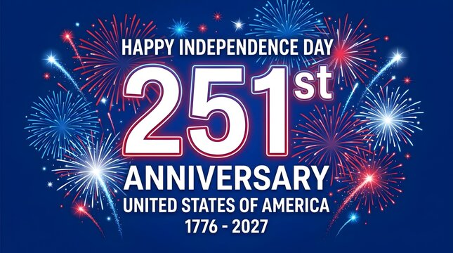 USA 251st Independence Day Banner with Fireworks on Blue Background