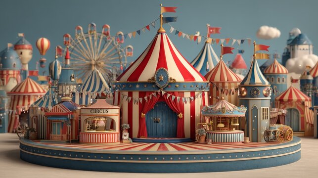 playful 3d composition of a circus village on podium base, with spinning rides, festive flags, ticket booth and crowd in celebration atmosphere