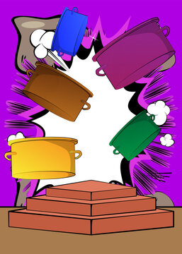 Comic Book Product podium stage for mockup presentation with Kitchen Pot. Retro comics background.