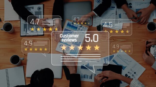 A business meeting with professionals analyzing customer reviews and ratings displayed on charts while discussing strategies for improvement and performance insights. Raster