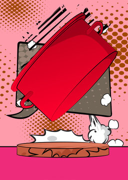 Comic Book Product podium stage for mockup presentation with Kitchen Pot. Retro comics background.