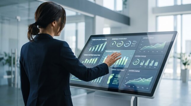 Corporate executive analyzing renewable energy data on large touch screen dashboard, business intelligence for sustainability and carbon footprint reduction strategies.