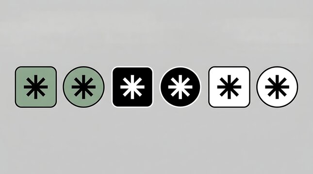 A horizontal row of various geometric shapes displays six different asterisk symbols presented within rounded squares and circular containers that are arranged in a specific sequence for visual