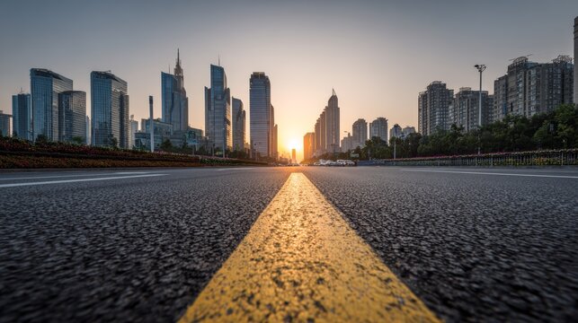 perspective shot of straight road surface with clean lane markings, city skyline of tall modern towers in background under sunrise glow