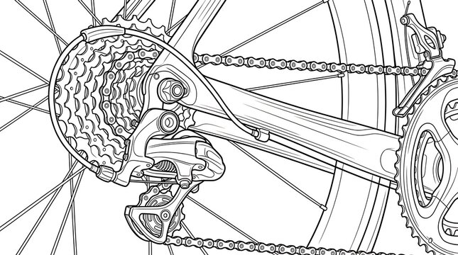 Bicycle rear derailleur and cassette gear system technical drawing