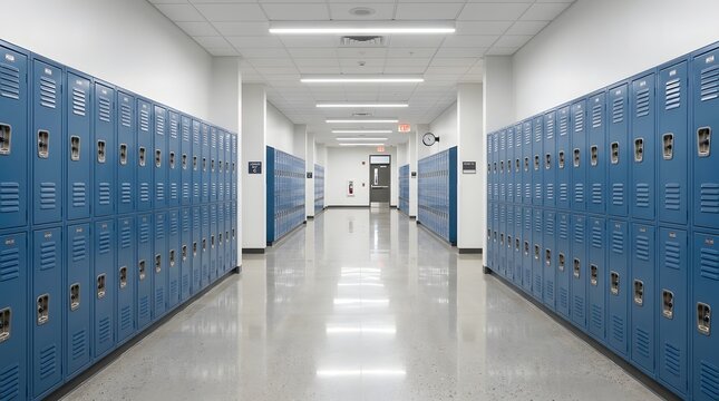 Empty School Hallway with Blue Lockers