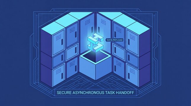 Secure Asynchronous Task Handoff, a futuristic data storage and transfer concept, digital information security, server room infrastructure, and cloud computing illustration.