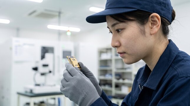 製造業の工場で電子部品の品質検査を行う日本人女性作業員の顔アップ