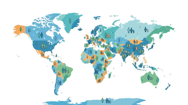 World map infographic with diverse human population icons and geography