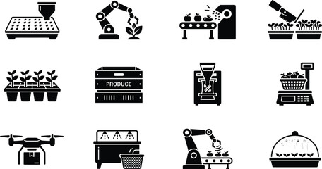 Smart Agriculture and Automated Food Processing Technology Icon Set with Robotic Arm Drone Sorting Conveyor Scale and Greenhouse Symbols for Graphics Design © Abdur