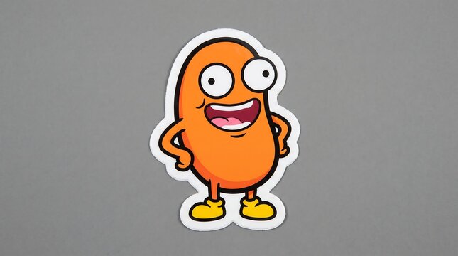 A comical orange bean character with large wide eyes and a joyous grin stands with arms akimbo while appearing as a playful sticker graphic that conveys happiness for various fun creative
