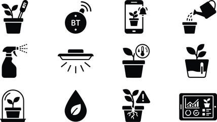 Smart Plant Care and Automated Indoor Gardening Technology Icon Set with Soil Sensors Bluetooth Monitors Growth Lights and Mobile App Automation Symbols for Vector Design © Abdur