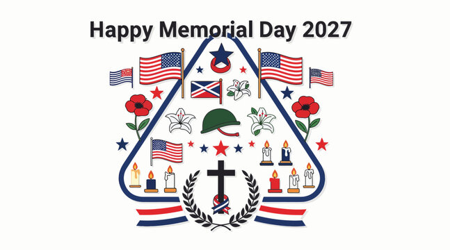 Memorial Day 2027 patriotic triangular emblem with American symbols