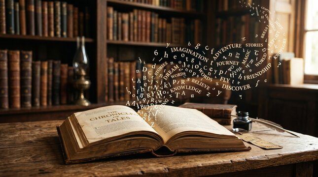 An open book with letters and words flying out of it.