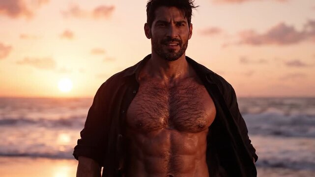 Shirtless Muscular Man on Beach at Golden Sunset
