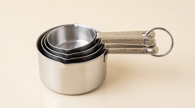 A nested set of four stainless steel measuring cups (1/4, 1/3, 1/2, 1 cup) held together by a metal ring, shot isolated on a light cream background.