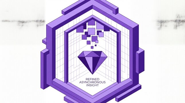 Abstract isometric purple diamond illustration, geometric data insight, asynchronous refinement, technology, and business concept design