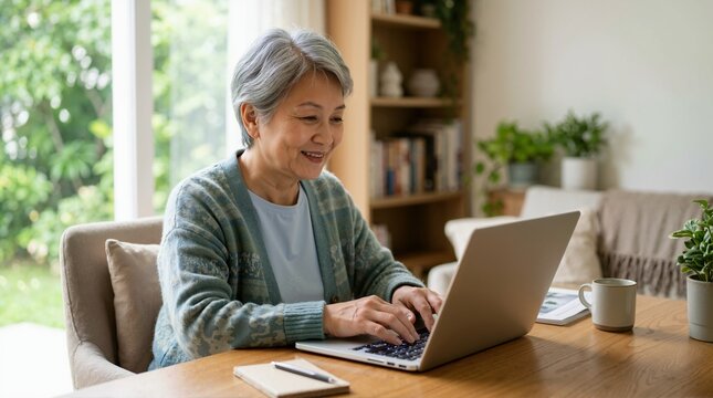 Smiling elderly Asian woman typing on laptop at home. Senior female using computer at wooden table. Active retirement and digital technology concept