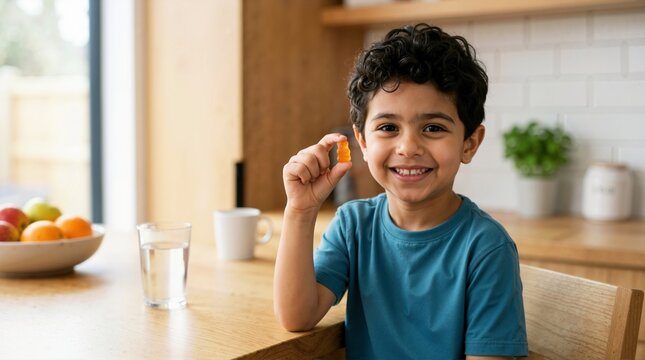 Smiling young boy holding an orange gummy vitamin at a kitchen table. Happy child with a dietary supplement and a glass of water. Pediatric health and wellness concept
