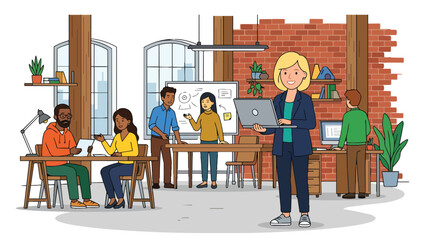 Modern coworking office team collaborating in industrial loft workspace flat vector for business networking sites © Bangga