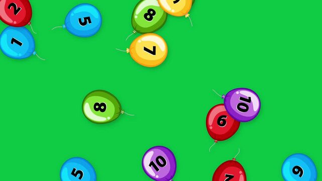 Colorful Numbered Balloons Falling Downward Against a Solid Green Screen Background