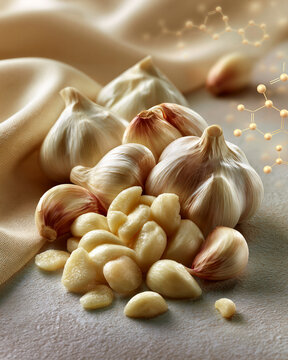 Fresh garlic cloves and sliced garlic with subtle sulfur compound structures showcasing organic chemistry and bioactive food science