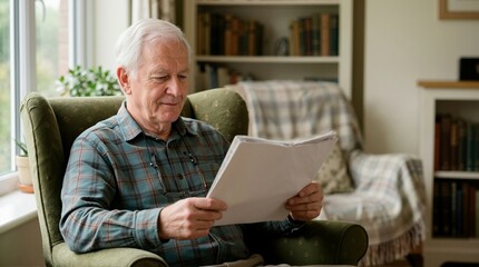 Fototapeta premium Senior man reading a newspaper while sitting in an armchair. Elderly male relaxing at home with the daily news. Retirement lifestyle concept