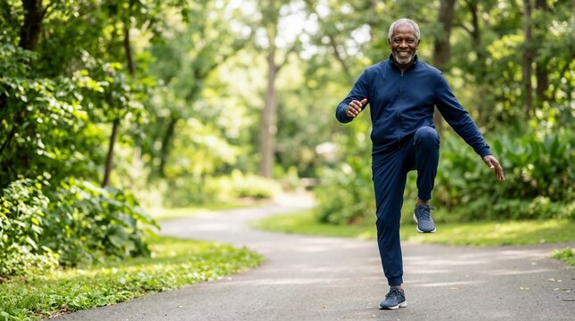 Senior Black man in a tracksuit doing warm up exercises in a park. Active elderly male lifting knee on a path outdoors. Healthy lifestyle concept