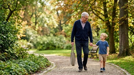 Fototapeta premium Elderly grandfather walking with his young grandson in a green park. Senior man holding hands with a child outdoors. Multi generation family concept
