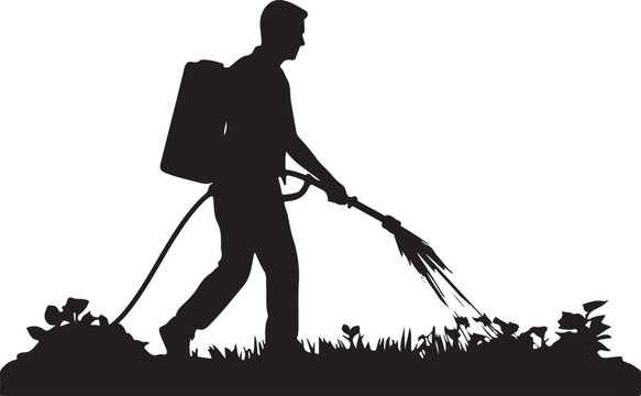 Silhouette of a man spraying plants with a backpack sprayer