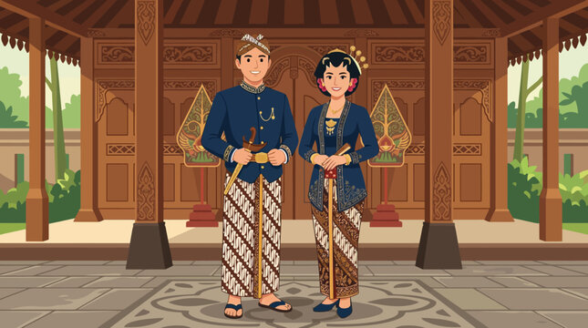Javanese couple in traditional batik attire inside joglo house.