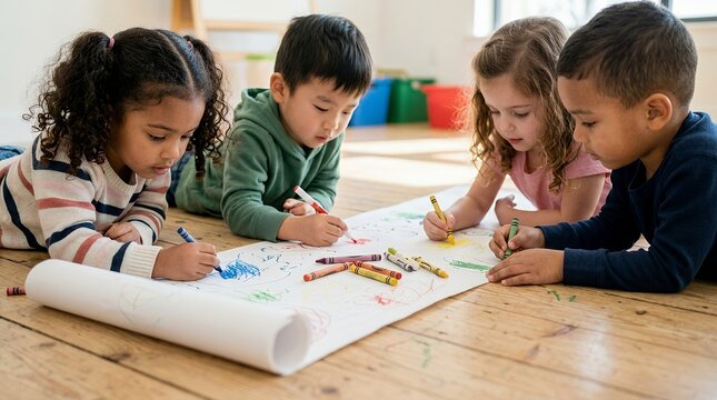 Four diverse young children lying on a wooden floor, drawing together on a large paper roll with colorful crayons, engaged in a creative activity.
